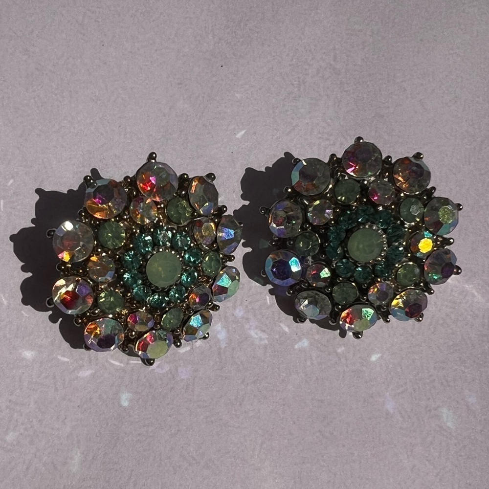Vintage Exquisite Large Aurora Borealis Rhinestone Clip On Statement Earrings